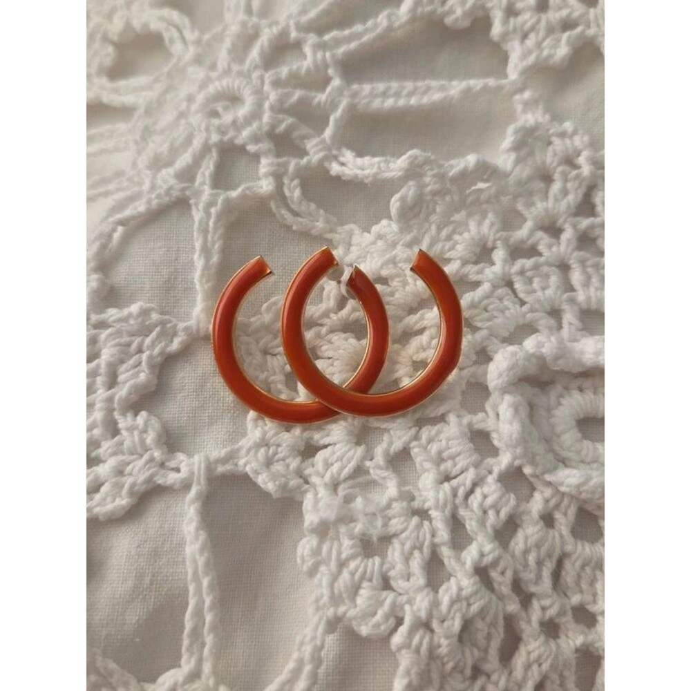 Orange enamel gold hoop stud earrings